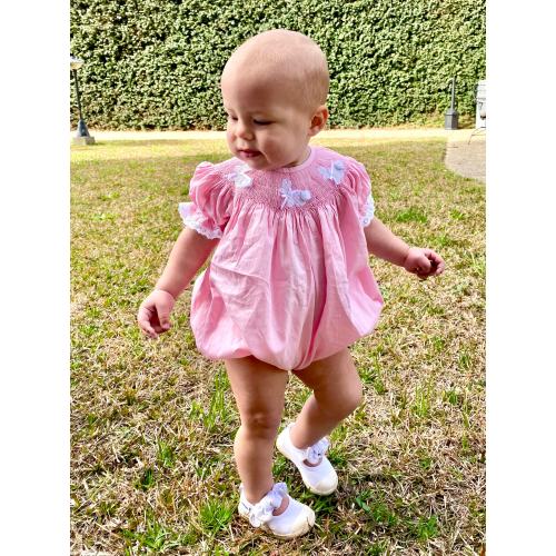 Easter bunny smocked Bubble Romper in pink with lace 110