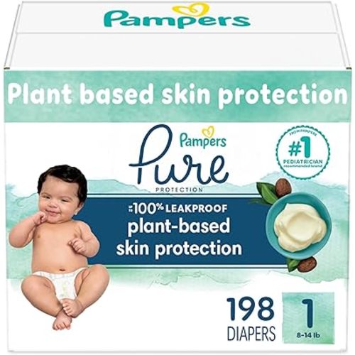 Pampers Pure Protection Diapers - Size 1, One Month Supply (198 Count), Hypoallergenic Premium Disposable Baby Diapers