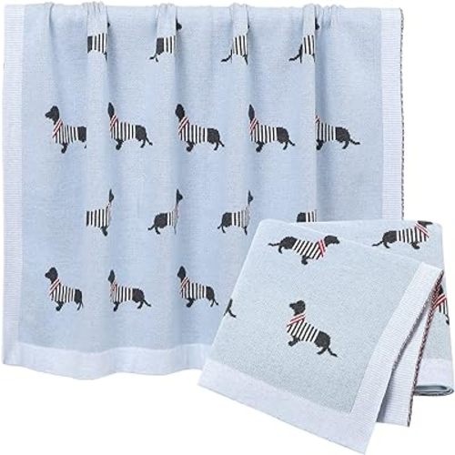 Opewod Baby Blanket Knitted 100% Cotton Soft Blankets for Newborn Boy Girls Cute Dog Dachshund 30x40 inches Ligth Blue