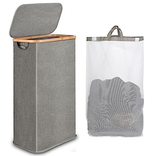 iEGrow Slim Laundry Hamper, Narrow Laundry Basket with Lid,Foldable Clothes Hamper with Bamboo Handles,Hamper Basket with Removable Inner Bag for Laundry Room Bedroom College Dorm,60L Grey