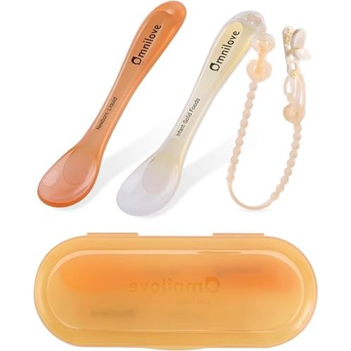 Silicone Baby Spoons 2-Pack with Case, New Born Self Feeding Toddler Spoon, Baby Led Weaning Supplies, Toddler Utensils with Safety Chain, Baby Eating Essentials, Dishwasher Safe