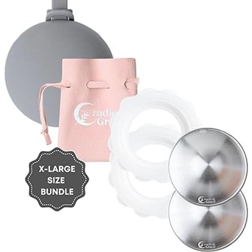 Cradle & Grace Silver Nursing Cups & Bloom Bands, Pure 999 Silver Nipple Shield & Silicone Comfort Rings, Nursing Moms Breastfeeding Essentials Bundle, Gray, X-Large