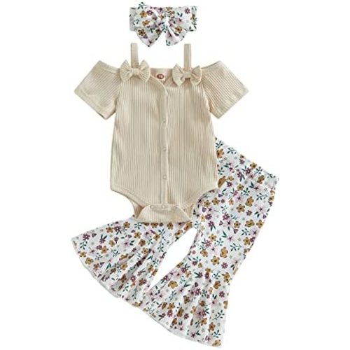 Lefyira Cow Print Bell Bottoms Outfits Toddler Girl Short Sleeve Romper Rib Knit Button Bodysuit Flare Pants Clothes Summer