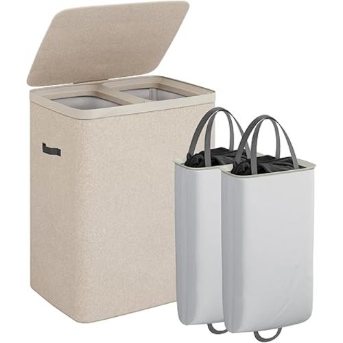CASAMAYA Laundry Basket with Lid, Laundry Hamper 2 Section, 170L collapsible Laundry Organizer, Easy Assembly, with Handles and Removable Liners, 22 x 15.7 x 29.5 Inches, Beige JSP903M