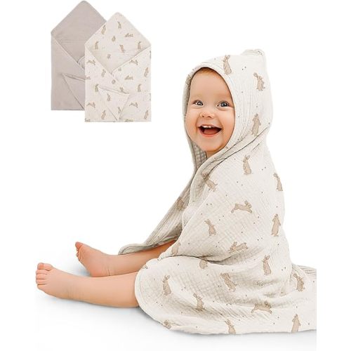 Hooded Baby Towels 2 Pack, Muslin Baby Bath Towels with Hood for Newborn Infant and Toddler, Soft Breathable & Absorbent, 30" x 30" (Hopping Bunnies & Beige)