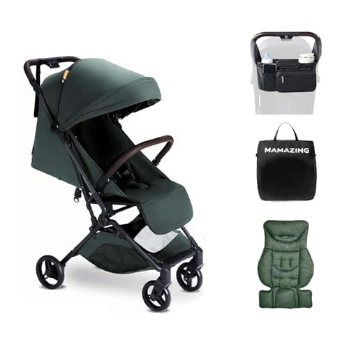 MAMAZING Ultra Air Lightweight Baby Travel Stroller with Carbon Fiber Frame, Compact & Airplane-Friendly, One-Handed Fold, 11.6 lbs, Perfect for Toddlers, Organizer & Cushion Included, Green