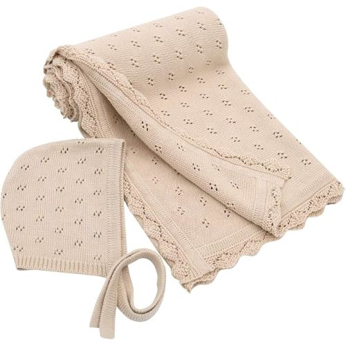 LifeTree Knit Baby Blanket & Hat, 100% Cotton Soft Swaddle & Receiving Blanket for Toddler, Lightweight & Breathable Newborn Blanket Unisex for Crib, Stroller, 31X40 Inches, Shower Registry Gift,Khaki