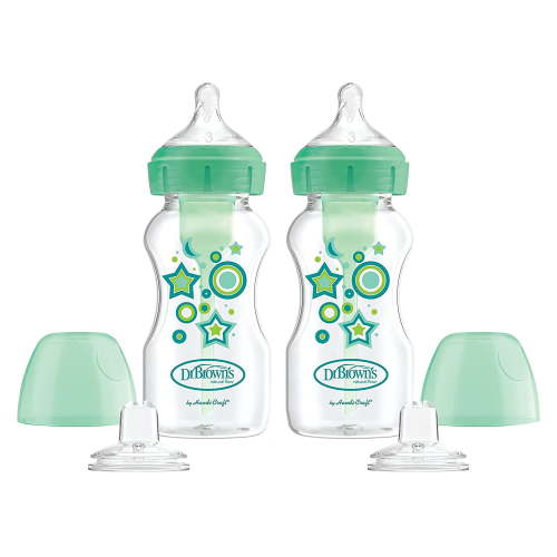 Dr. Browns Anti-Colic Options+ Wide-Neck Sippy Bottle Starter Kit, 9oz/270ml, Green, BPA Free, 6m+, 2 Pack