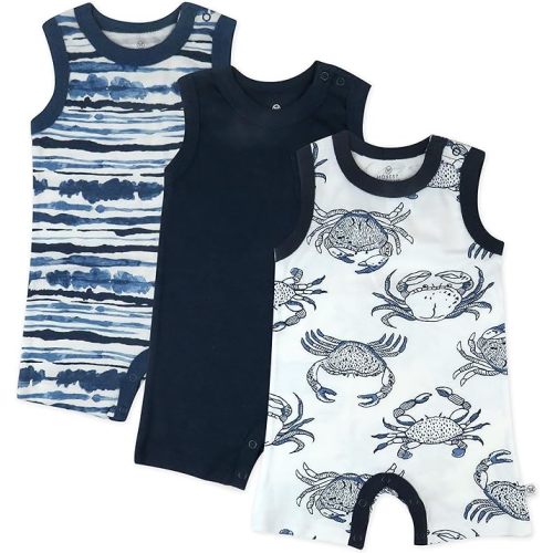 HonestBaby Multipack Short Romper Sets and Dresses 100% Organic Cotton for Infant Baby and Toddler Boys, Girls, Unisex - 3 - Indigo Stripe - 0-3 Months