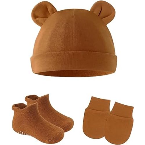 Cotton Ears Baby Hats Mittens with Socks Set Unisex, No Scratch Mittens and Beanie Cap for Infant Toddler Newborn