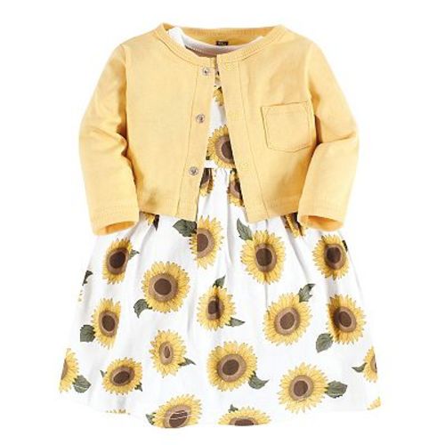 Hudson Baby Infant Girl Cotton Dress and Cardigan Set, Sunflower