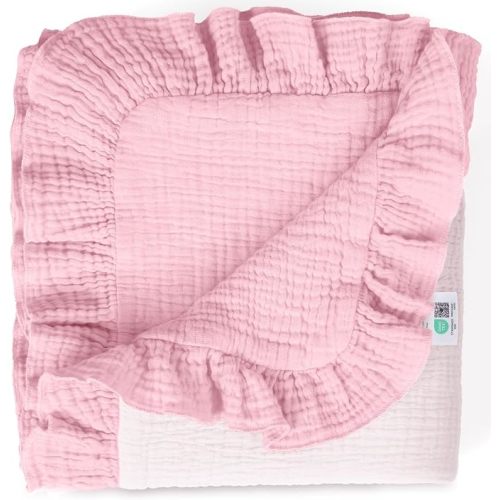 lulumoon Muslin Baby Blanket for Girls: Soft Breathable Cotton Crib Blanket with Ruffle - Lightweight Receiving for Wrap Newborn & Nursery Stroller 40"x36"(Light Pink)