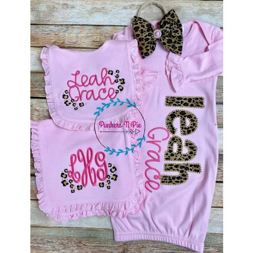 Baby Glam Pink Leopard Gift Set Gown With Name, Monogrammed Bib and Burp, Bow Headband Pink and Gold - Etsy