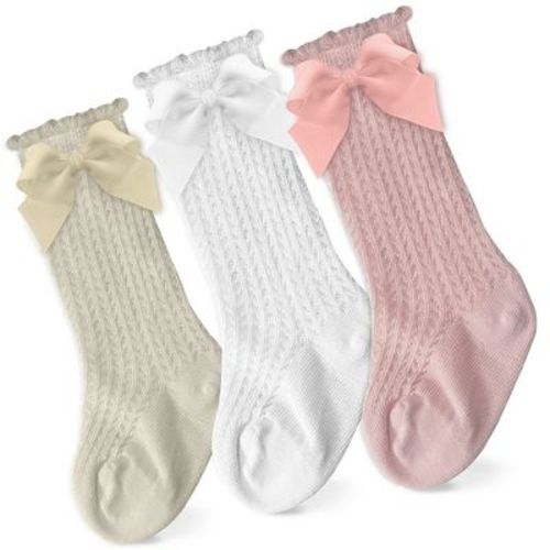Cozyway Baby & Toddler Knee High Bow Socks, 3 Pack for Girls, White/Pink/Cream, 9-18 Months Old