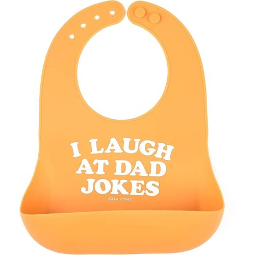 Bella Tunno Wonder Bib - Adjustable Silicone Baby Bibs for Girls & Boys, Durable and Waterproof BPA Free Silicone, I Laugh at Dad Jokes