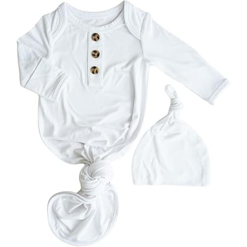 Caden Lane Newborn Knotted Gown with Hat, Soft Bamboo Viscose Baby Sleep Sack, Unisex Infant Nightgown, Breathable Sleepwear for Boys & Girls, Ideal Shower Gift or Coming Home Outfit, Lace White