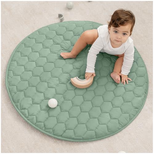 Comfy Cubs Round Kids Play Mat -Small 36 inches Soft Quilted Baby Floor Mat with Non-Slip Bottom - Plush Design for Toddlers' Playtime and Relaxation - Comfortable and Durable - Sage