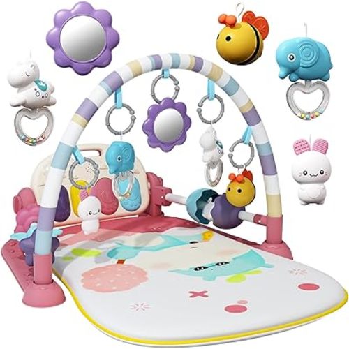 Baby Gym with Kick and Play Piano,Baby Play Mat Tummy Time Baby Activity Gym Mat with 5 Infant Learning Sensory for Baby, Music and Lights Boy or Girl for Newborn(Pink)