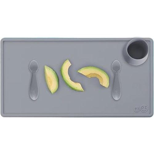 ezpz Tiny Collection Set (Gray) - 100% Silicone Placemat, Cup & Spoon for First Foods + Baby Led Weaning + Purees - Designed by a Pediatric Feeding Specialist - 6 Months+