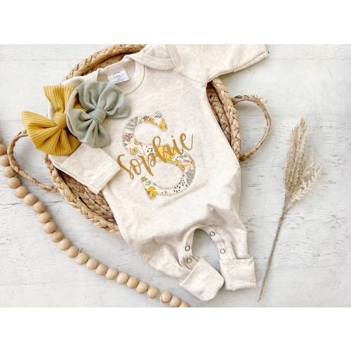 Custom vintage floral and yellow baby romper, fold over footies, personalized coming home outfit, baby shower gift for girl