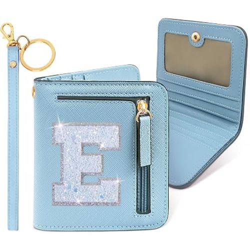 COSHAYSOO Initial RFID Wallet Small for Teenager Girl Travel Daily Stuff Storage Organizer, Mini Bifold Wallet Pocket Purse with Zipper Compartment ID Cash Slot Birthday Trending Easter Gift Blue E