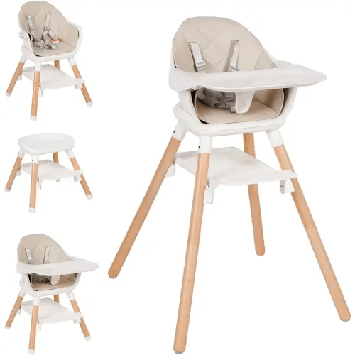 Baby High Chair, 6 in 1 Wooden Convertible High Chairs for Babies and Toddlers, Booster Seat with Double Tray & Reversible Footrest Baby Highchair, 5-Point Harness Baby Feeding Chair, Beige