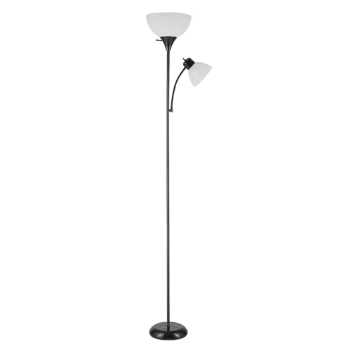 GLOBE Electric 67135 72" Torchiere Floor Lamp + Adjustable Reading Light, Matte Black, Frosted Plastic Shade, 3-Step Rotary Switch on Socket, Living Room Décor, Reading Light, Home Essentials