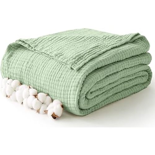 100% Cotton Muslin Blanket Large 50" x 70", 6 Layers Breathable and Lightweight Cotton Throw Blanket for Couch, Soft Quilt Bedspread, Gauze Blanket for Adults All Season, Sage Green