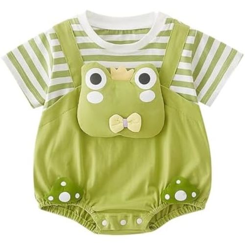 Infant Baby 3D Frog Romper Bodysuit, Cute Animal Striped 𝙿a𝚓amas Toddler Short Sleeve 𝙾nesie Cotton Playsuit