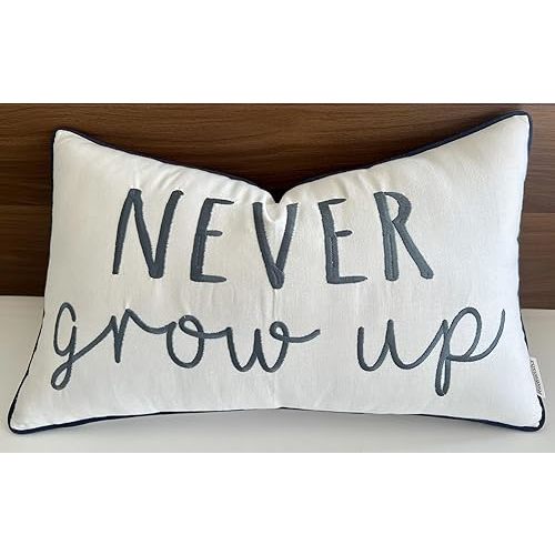 Rudransha 12x20 Never Grow Up Lumbar Pillow Cover - Embroidered Quote Design - Decorative Throw Pillow for Couch, Sofa, Entryway, Playroom - Inspirational Kids Room Décor - Ivory