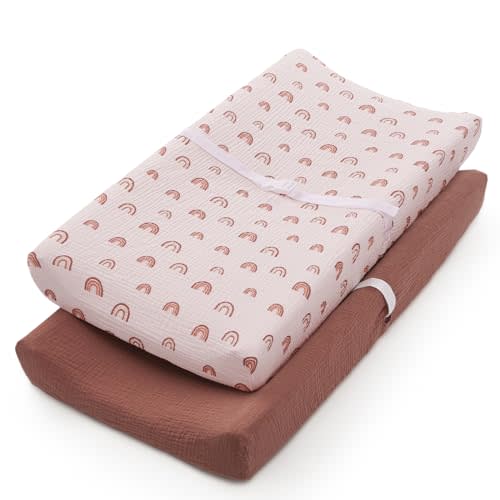 Blissful Diary Muslin Changing Pad Cover for Girls Boys, Ultra Soft Breathable Cotton, Baby Diaper Change Table Pad Covers, 2Pack (Rainbow&Cedar)