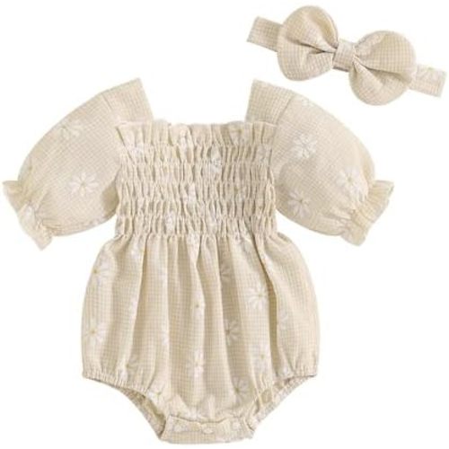 Douhoow Baby Girl Plaid Romper Flying Sleeve Baby Bubble Romper Ruffle Baby Bodysuit Spring Summer Clothes with Headband