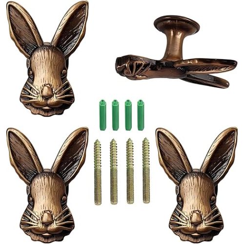 4 Pcs Rabbit Head Wall Hooks,Decorative Single Prong Coat Hooks for Clothes, Hats, Bags, Robes,Creative Animal Wall Mounted Hangers