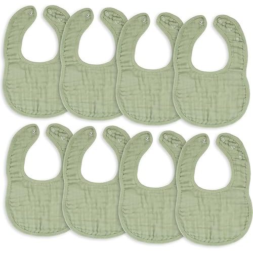 Comfy Cubs Muslin Bibs for Babies, Pack of 8 - Soft and Highly Absorbent, Feeding, Drool and Teething Bib, Adjustable Snaps - Stylish & Colorful Unisex Designs, Giftable Set - Sage