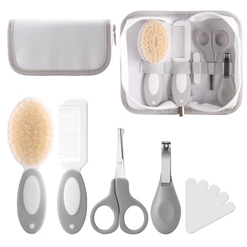 Baby Grooming Kit with Storage Pouch Baby Brush Soft Bristles 5 pcs-Infant Brush, Rounded Comb, Safety Scissors, Nail Clippers & Emery Board -Health Care Kit for Newborns & Toddlers Gray