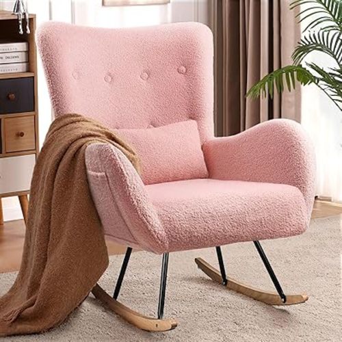 Waleaf Rocking Chair Nursery, Teddy Upholstered Rocking Chair Indoor with High Backrest Glider Accent Chair, Padded Seat Nursing Chair Comfy Chair for Bedroom (Pink)