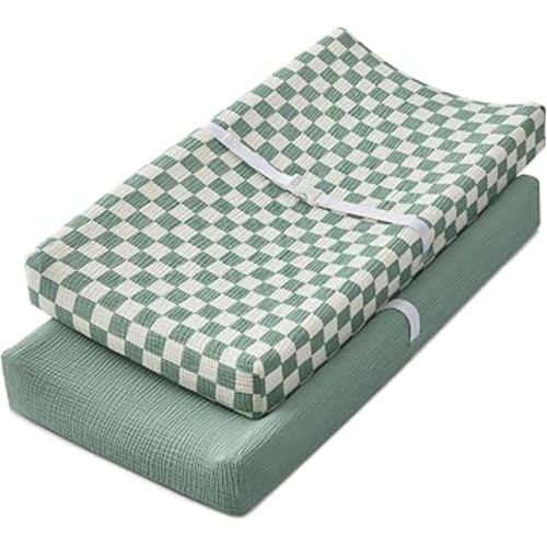 Blissful Diary Muslin Changing Pad Cover for Baby Girls Boys, Ultra Soft Breathable Cotton, Baby Diaper Change Table Pad Covers, 2Pack (Checkered Green & Sage Green)