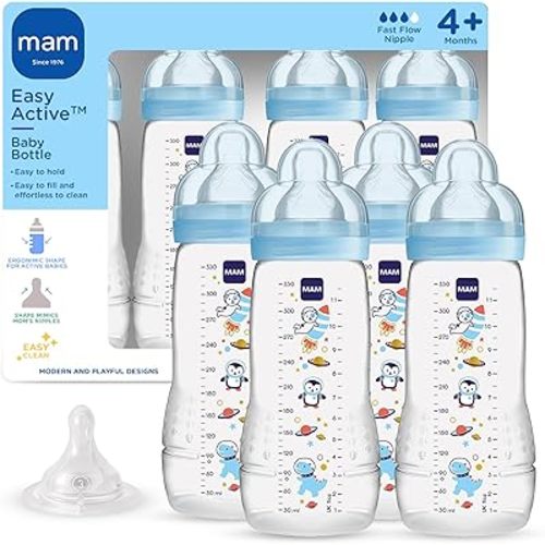 MAM Easy Active Baby Bottle 4 Pack, 11oz, BPA Free, Fast Flow Silicone Nipple, Anti-Slip Grip, Leak-Proof, 4+ Months, Blue Teal