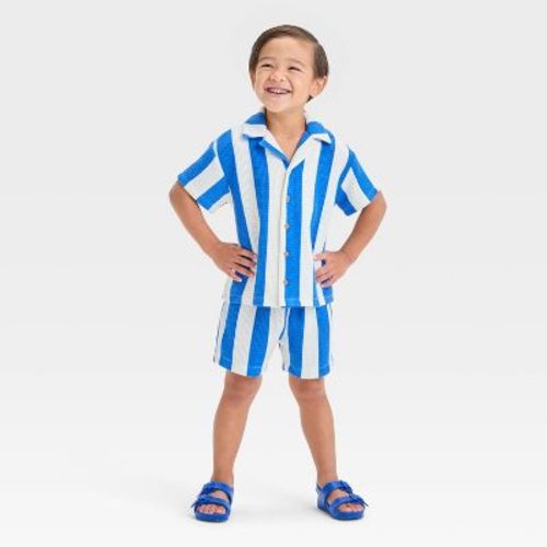 Grayson Mini Toddler Boys' Short Sleeve Vertical Striped Thermal Knit Shirt And Shorts Set - Blue 12m