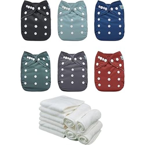 ALVABABY 6BM107-CA Lot de 6 couches en tissu avec 12 inserts réutilisables lavables et poche réglable pour nouveau-né garçon et fille