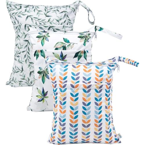 babygoal Wet Dry Bags for Baby Cloth Diapers, Washable Travel Bags, Beach, Pool, Gym Bag for Swimsuits & Wet Clothes with Two Zippered Pockets 3 Pack 3LN08 - willow and eucalyptus leaves