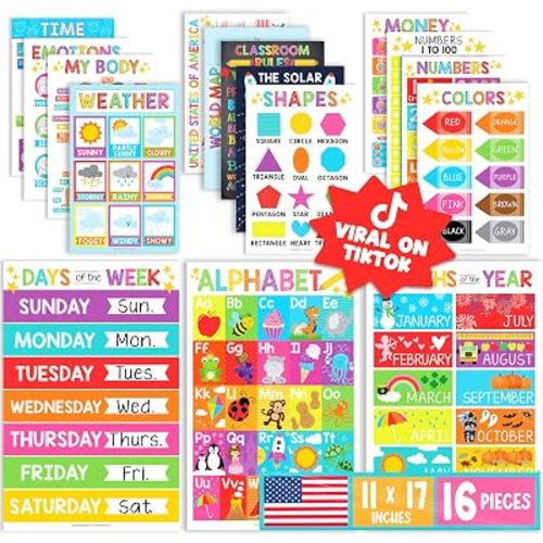 Hadley Designs 16 Educational Posters for Classroom Must Haves - Laminated Pre-K Posters for Toddler Homeschool Essentials, Toddler & Preschool Learning Activities, Kindergarten Classroom Decor
