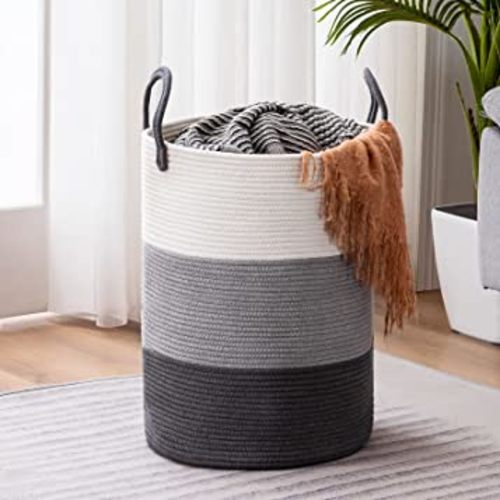 YOUDENOVA Woven Rope Laundry Hamper Basket, 72L Tall Luandry Basket, Baby Nursery Hamper for Blanket Storage, Clothes Hamper for Laundry in Bedroom-Large-Dark Grey