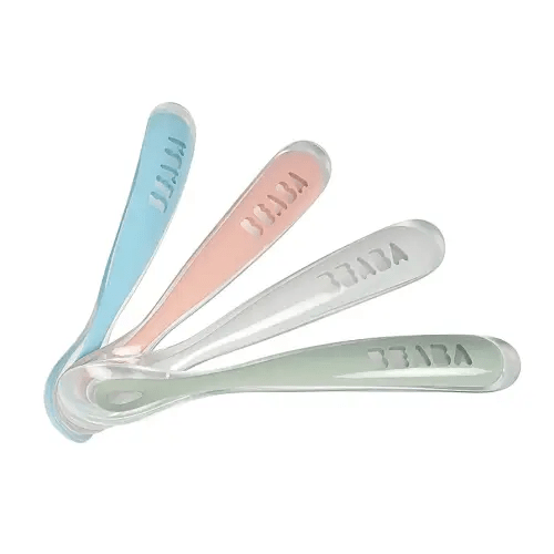 BEABA First Stage Baby Feeding Spoon Set, The Original Soft Tip Silicone Spoons for Babies, Gum Friendly BPA Lead Phthalate and Plastic Free, Great Gift Set (4 Pack), Rose