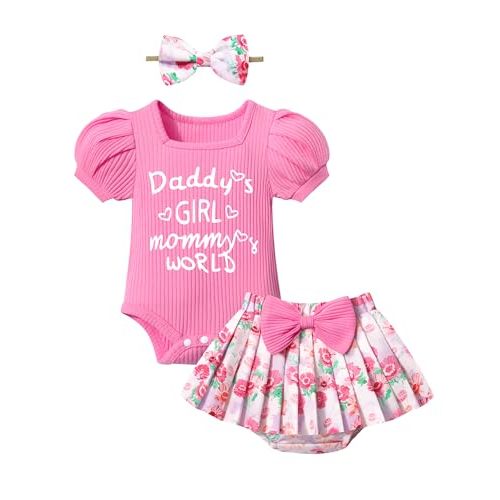 KANGKANG Baby Girl Clothes Short-sleeve Square Neck Romper + Floral Pleated Skirts Shorts Headband Spring Summer Outfits