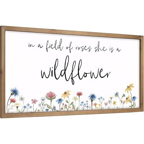 pechpell 23.6×15.7 Inch In A Field Of Roses She Is A Wildflower Sign, Wooden Wildflower Wall Art With Wood Framed, Floral Pictures Nursery Bedroom Living Room Decor For Home