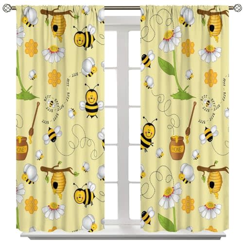 ICMOLYYENLO Bee Blackout Curtains Cartoon Flying Bees Daisy Honey Chamomile Flowers Spring Animal Print Living Room Bedroom Cafe Heat Insulation Privacy Curtains 42x43 Inch