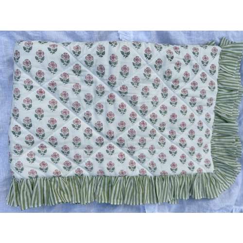 Sage Green Baby Blanket Playmat - Ruffle Blockprint Pink Floral & green candy stripe