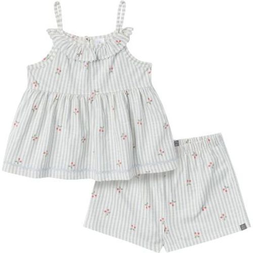 Modern Moments™ by Gerber Toddler Girls' 2-Piece Ruffle Top and Shorts Set, Light Blue Cherry Stripes, 5T