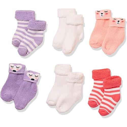 Amazon Essentials Unisex Babies' Cozy Cotton Turn Cuff Socks, 6 Pairs